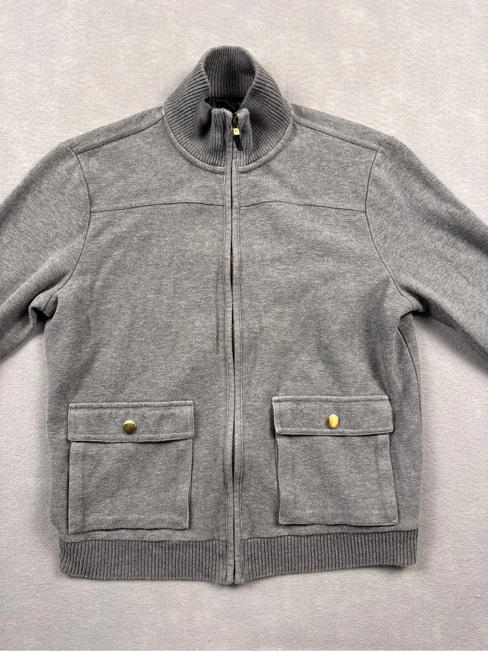 Lauren Ralph Lauren Petite Women PS Gray Cotton Knit Zip Sweater Jacket Gorp VTG